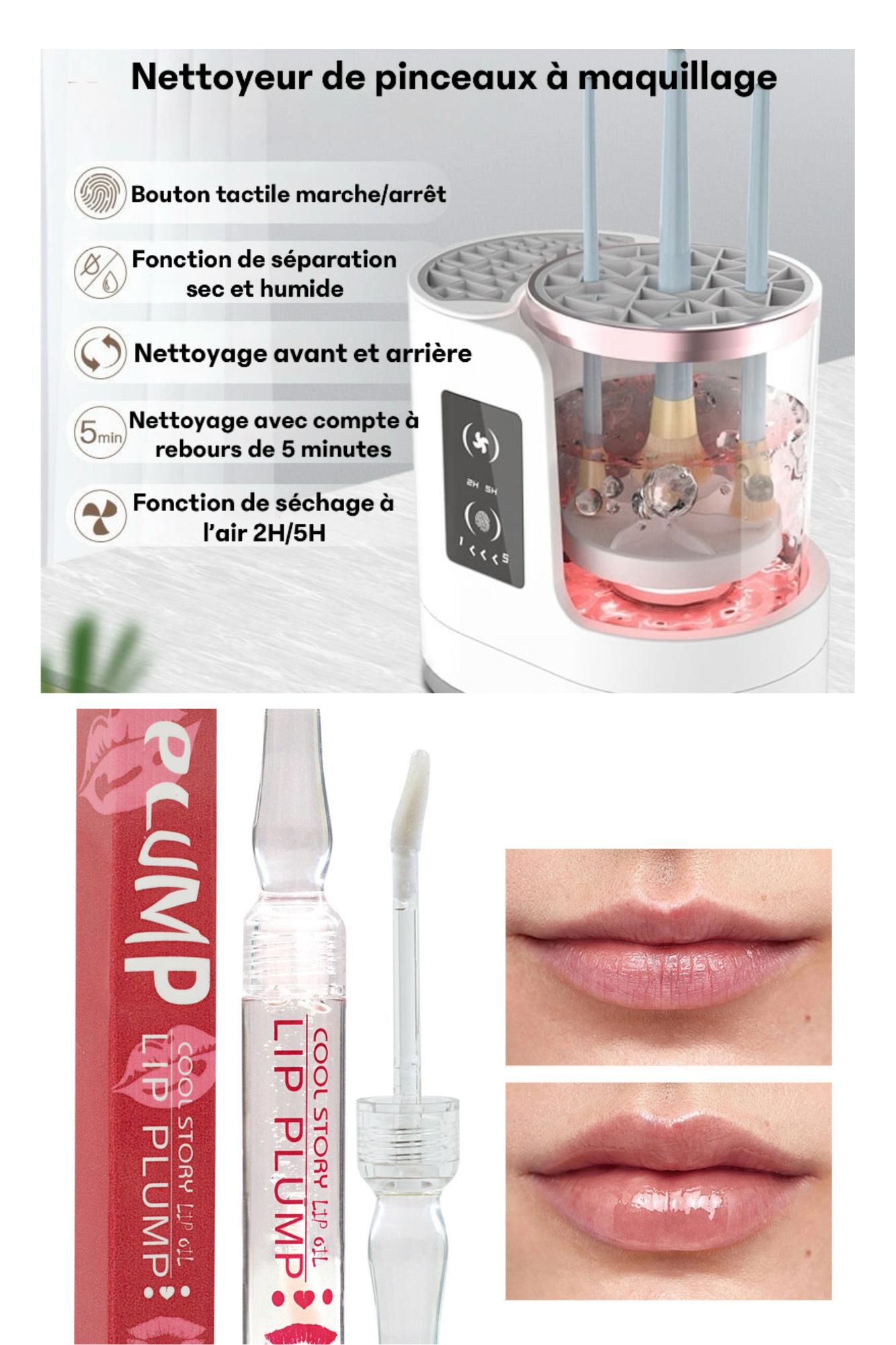 Pack beauté avec nettoyeur de pinceaux maquillage et gloss repulpant Cerise.