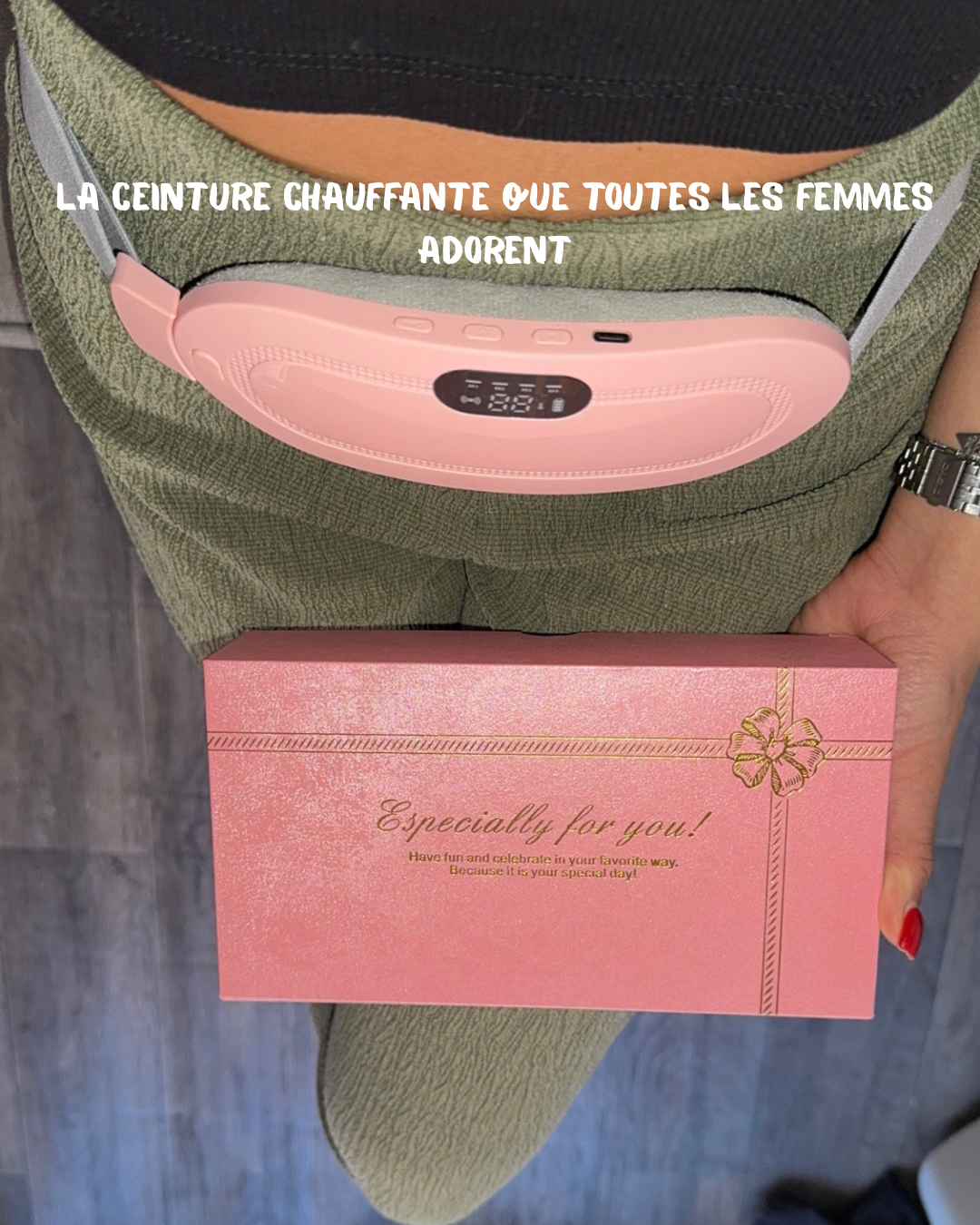 Ceinture chauffante menstruelles portés sur les vêtements et coffret luxe