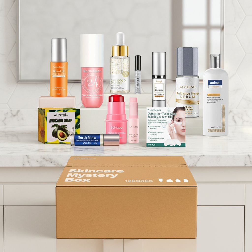 box et produits dans la box soin visage exposé dans une salle de bain